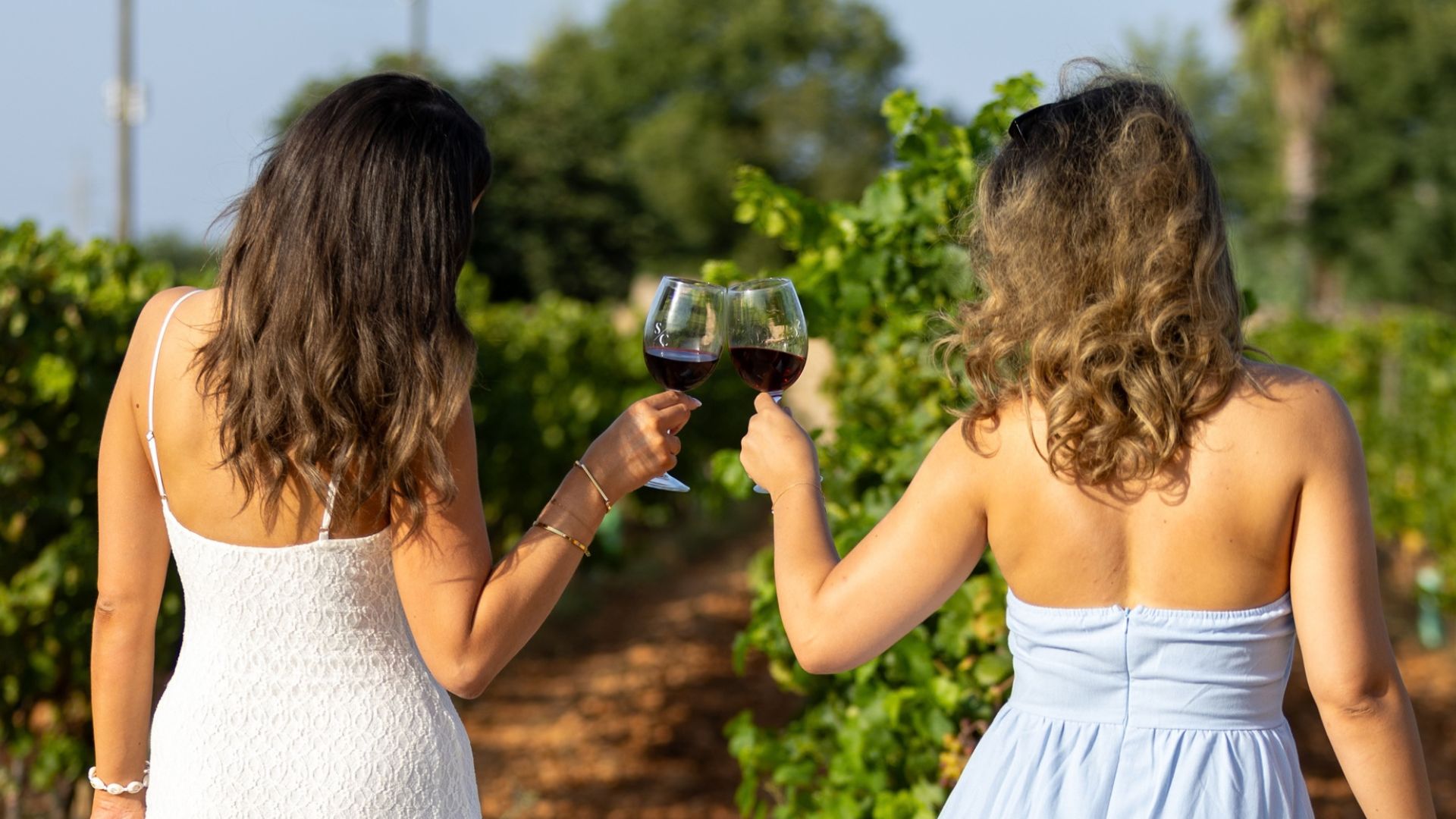 Dos mujeres brindan entre los viñedos de Bodega Sa Cabana