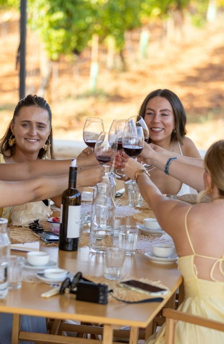 Grupo de amigas brinda en una cata maridada entre viñedos en Bodega Sa Cabana